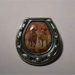 Sterling Silver enamel Seabiscuit match race in horseshoe brooch