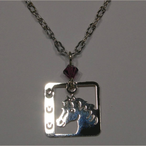 Rhodium plated horse head and horseshoes necklace