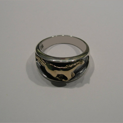 side view of Sterling Silver gold galloping horse ring