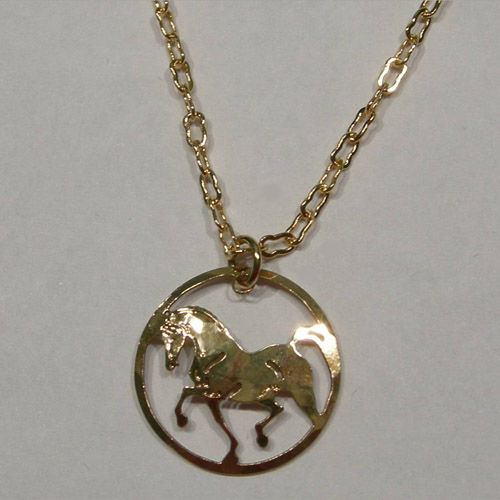 14 karat yellow gold plated charging horse in circle necklace