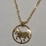 14 karat yellow gold plated charging horse in circle necklace