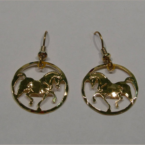 14 karat yellow gold plated charging horse in circle earrings