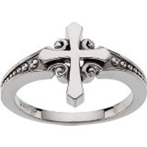 Sterling Silver cross and scroll and bead ring