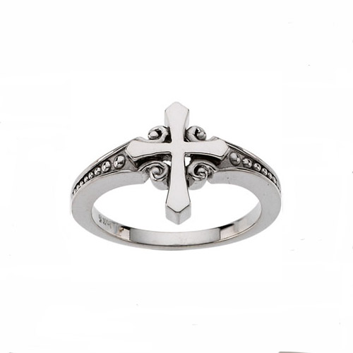 14 karat white gold cross and scroll and bead ring