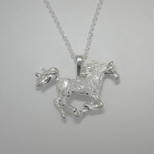 Sterling Silver textured galloping horse necklace