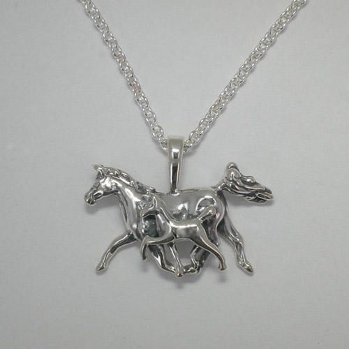 Sterling Silver Arabian mare and foal trotting necklace