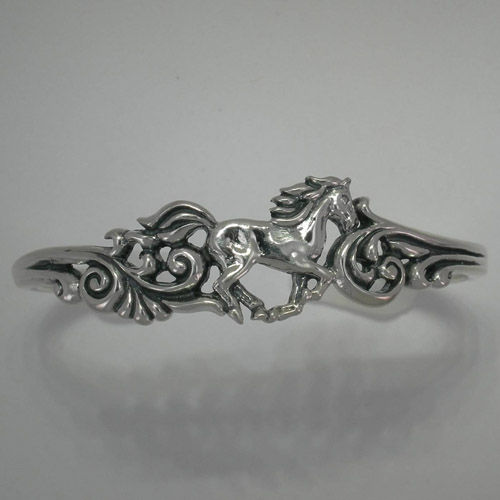 Sterling Silver galloping horse cuff bracelet with filigree