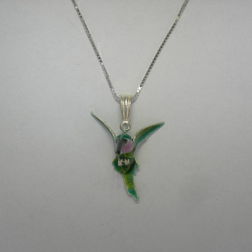 Sterling Silver enamel flying Hummingbird necklace