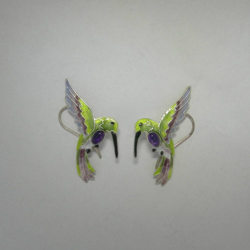 Sterling Silver enamel Hummingbrid Amethyst earrings