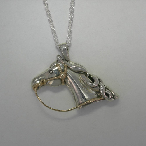 Sterling Silver horsehead with 14 kt yg bridle necklace